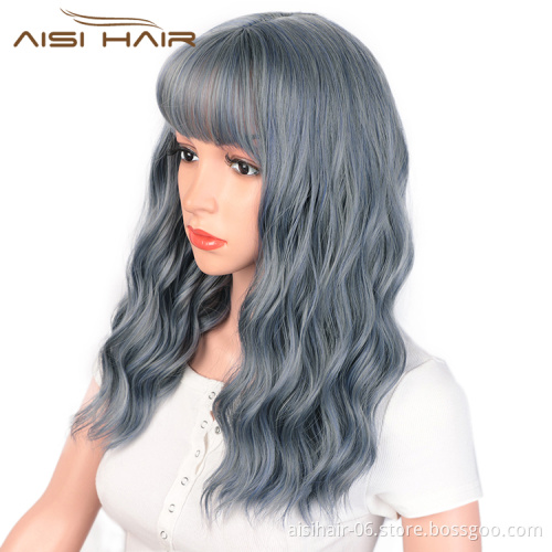 Aisi Hair Synthetic Nature Blue Body Wave Long Wavy Bang Wig Heat Resistant Fiber Wigs for White Black Women Cosplay Party Wigs